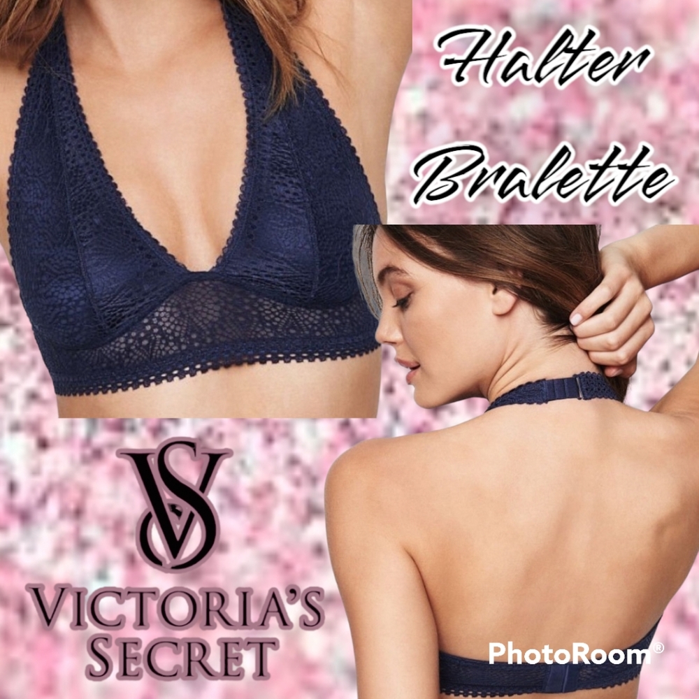 Victoria's Secret Adjustable Halter Bralette in Night Blue (Navy) Lined Sz Large